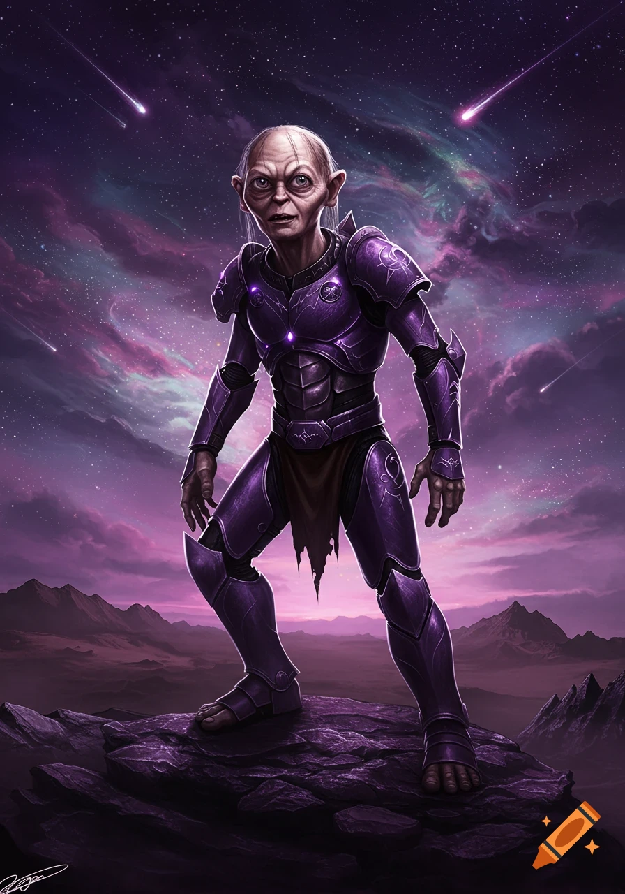 Gollum in purple space marine armor stands on a rocky alien planet under a starry, nebular sky with meteors, digital illustration.