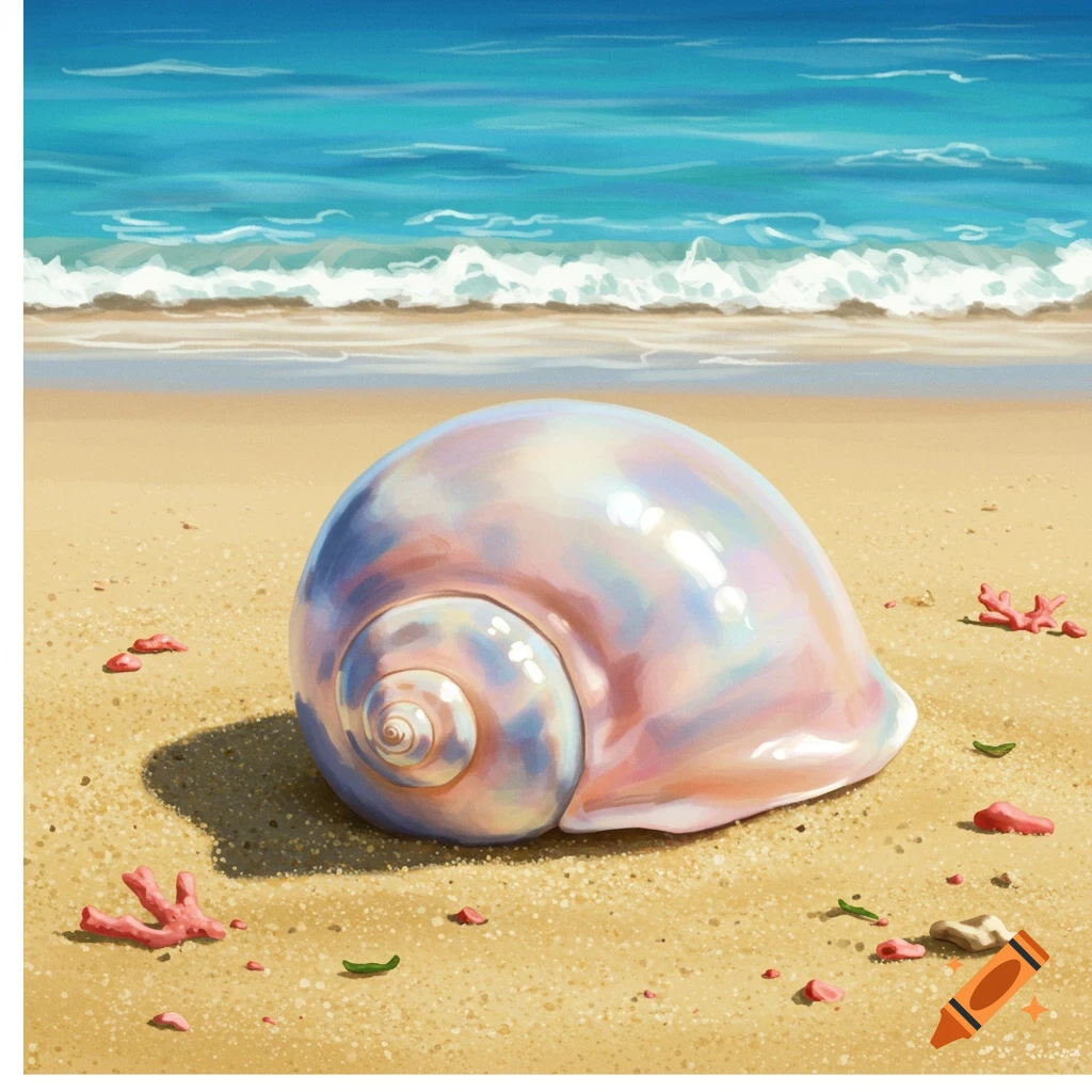 An illustration of a large, iridescent seashell resting on a sandy beach with blue ocean waves in the background.