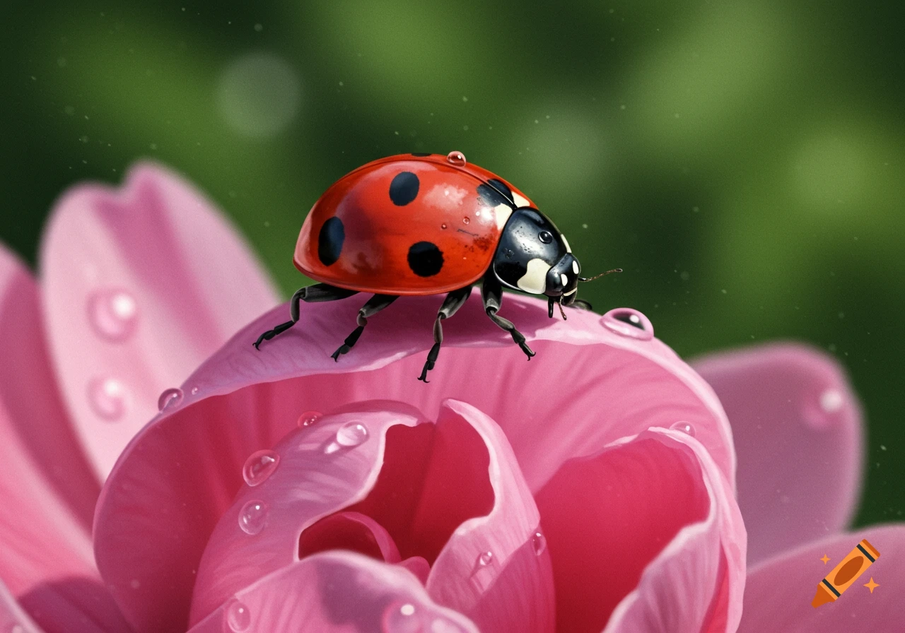 A photorealistic close-up of a red ladybug with black spots on a pink flower petal covered in water droplets.