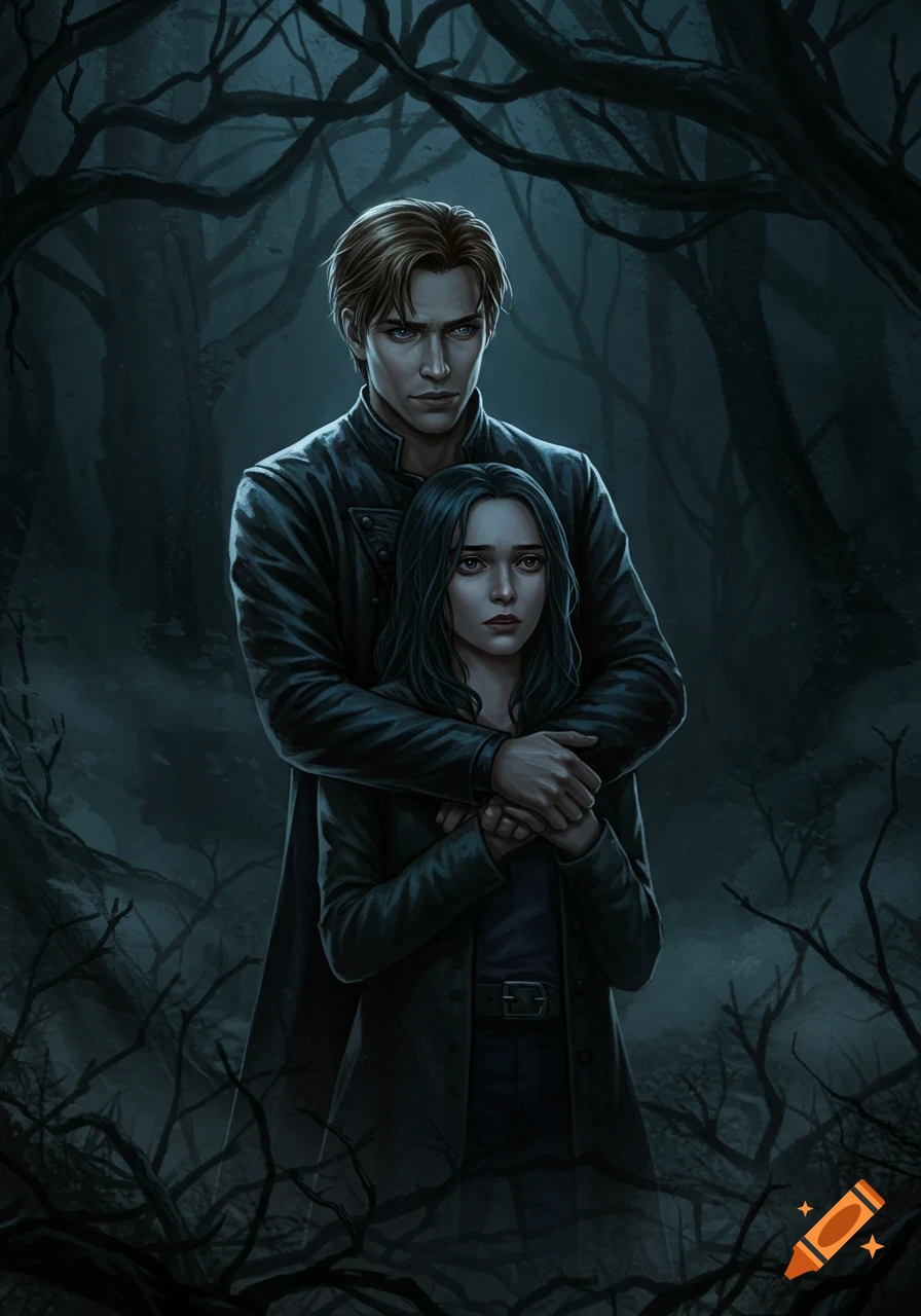 Digital painting of a man embracing a woman from behind in a dark, misty forest.