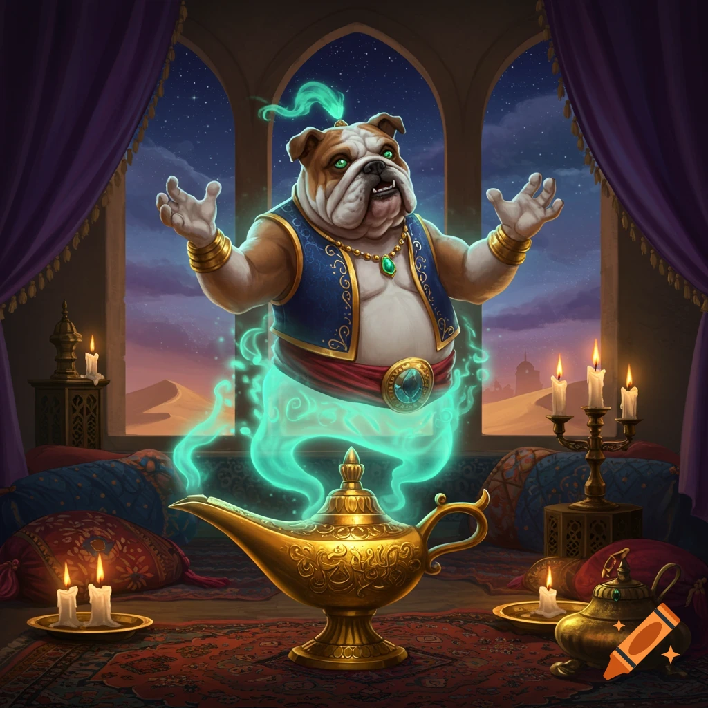 A cartoonish bulldog genie with glowing green eyes emerges from a golden lamp in a richly decorated Arabian room at night.