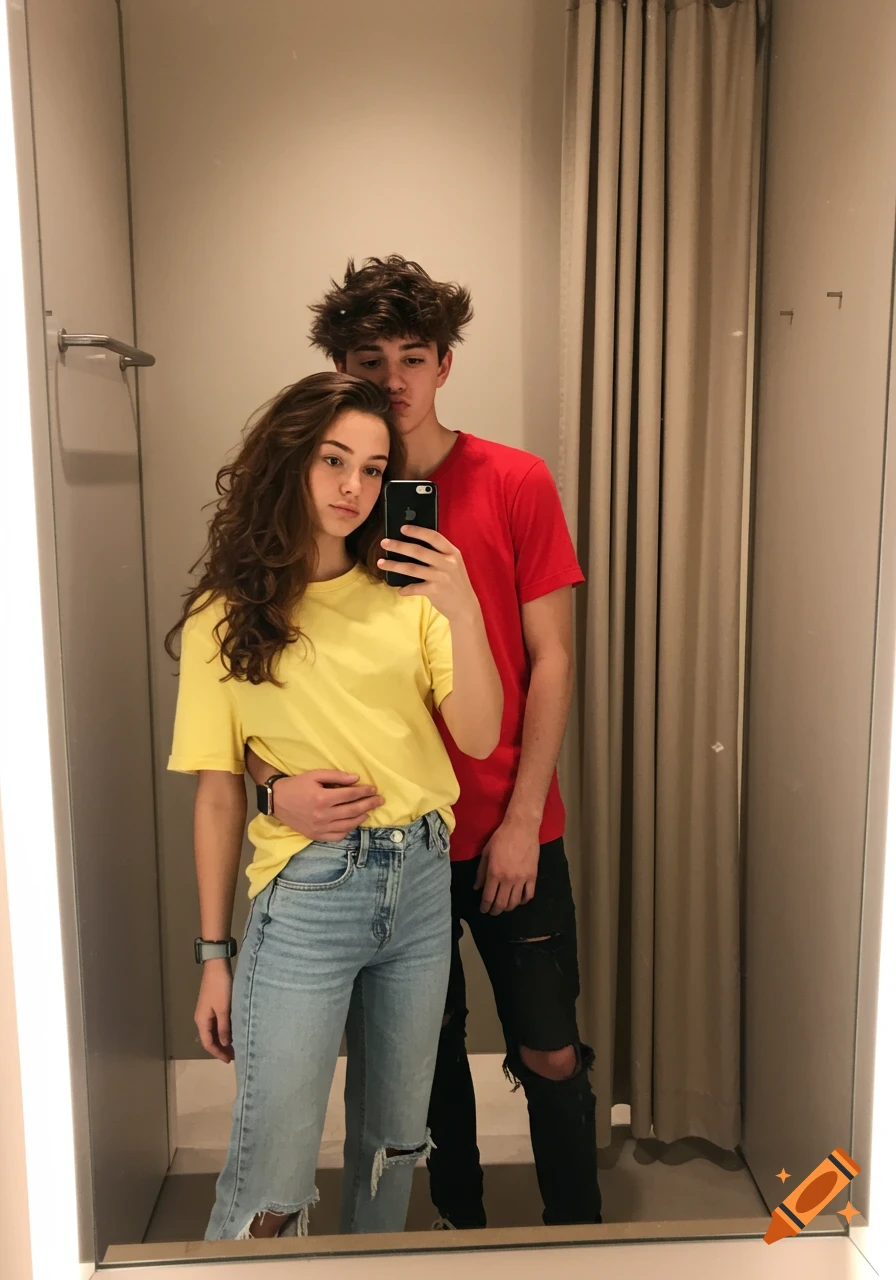 A photorealistic image of a teenage girl in a yellow shirt and light jeans taking a selfie in a fitting room mirror, with a boy in a red shirt hugging her from behind.