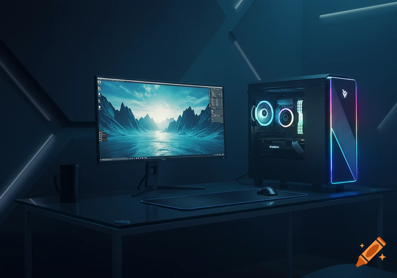 A gaming computer setup featuring a transparent PC case with colorful ...