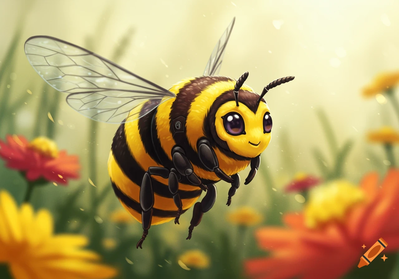 A cute, fluffy cartoon bumblebee with big eyes flies in a sunny meadow with blurry red and yellow flowers.