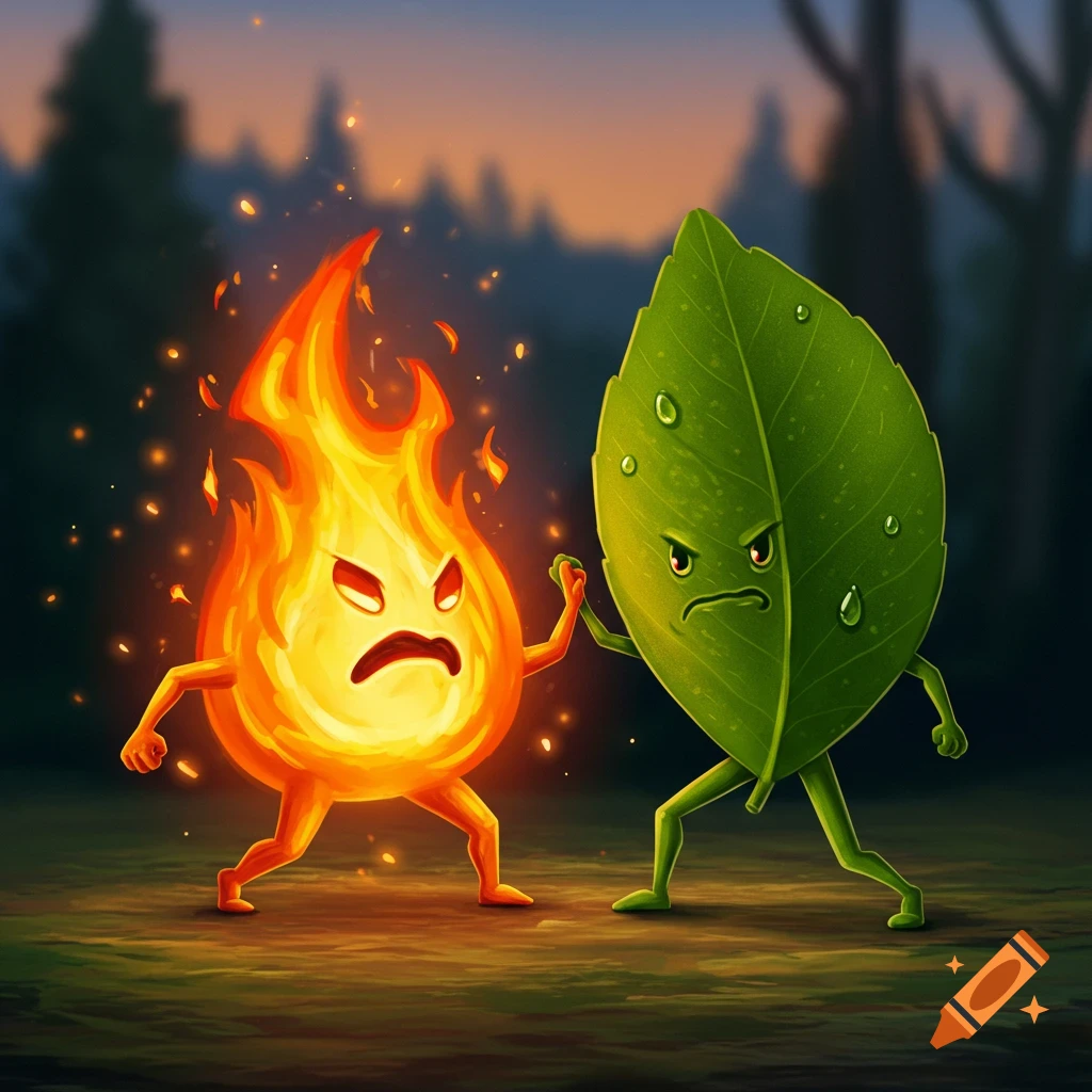An angry cartoon flame creature and a green leaf creature face off in a forest at dusk.