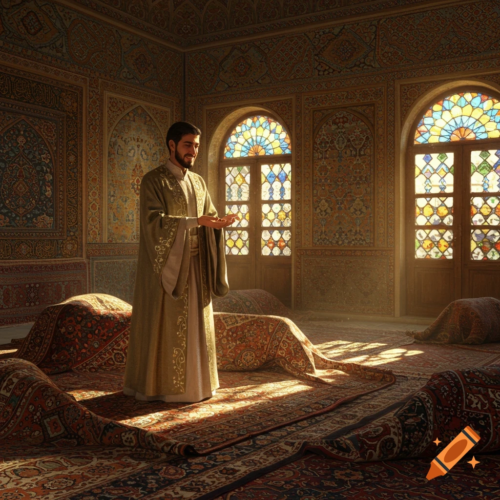 A man in a gold robe stands with open hands in an ornate room with patterned walls, stained-glass windows, and rugs.