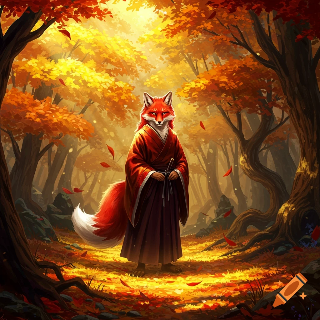 A majestic red fox person in traditional red robes stands in a golden autumn forest, holding a sword hilt.