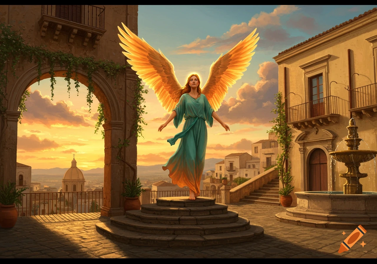 An angel with golden wings stands on stone steps in a Sicilian-style town square at sunset, overlooking a landscape.