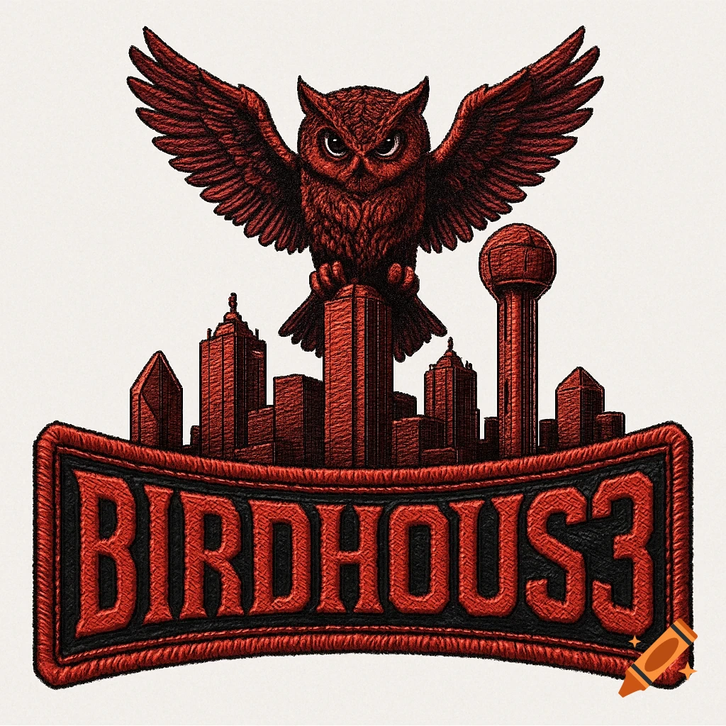 A red stitched owl with spread wings sits on top of a red city skyline, above a black and red stitched patch that says "BIRDHOUS3".