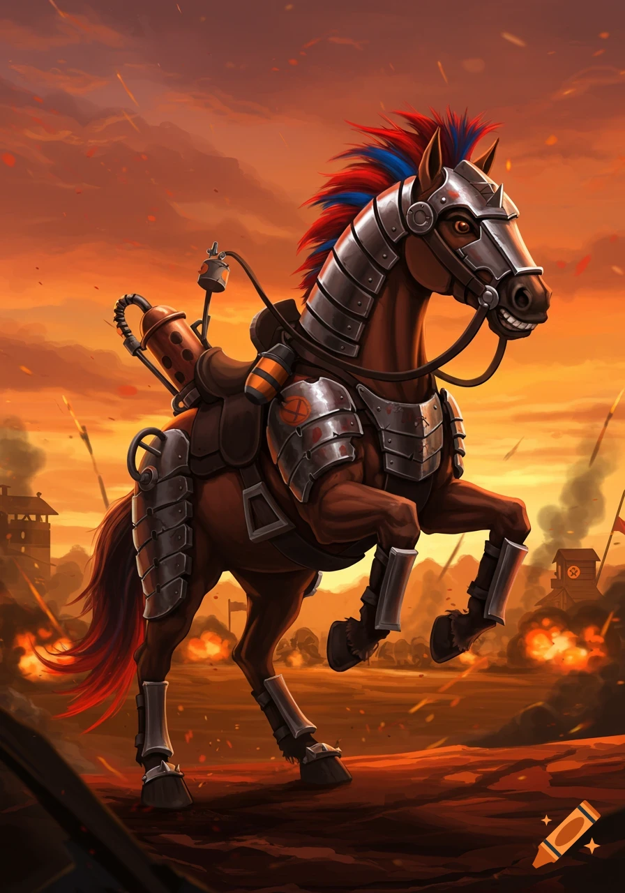 A stylized brown horse in armor with a red and blue mane, wearing mechanical gear, rears on a fiery battlefield at sunset.
