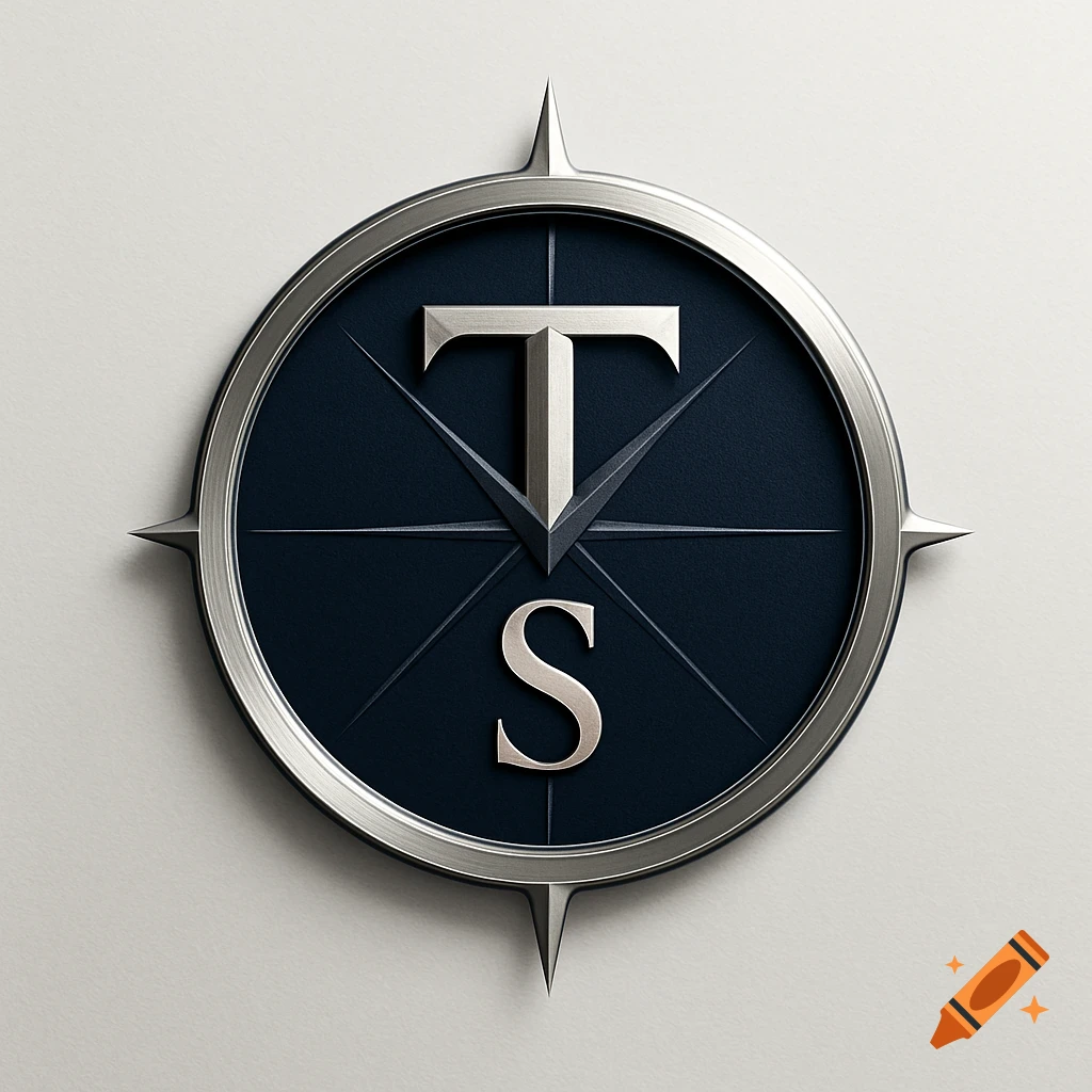 A metallic silver and dark blue compass logo featuring a large silver 'T' at the top (north) and 'S' at the bottom (south).