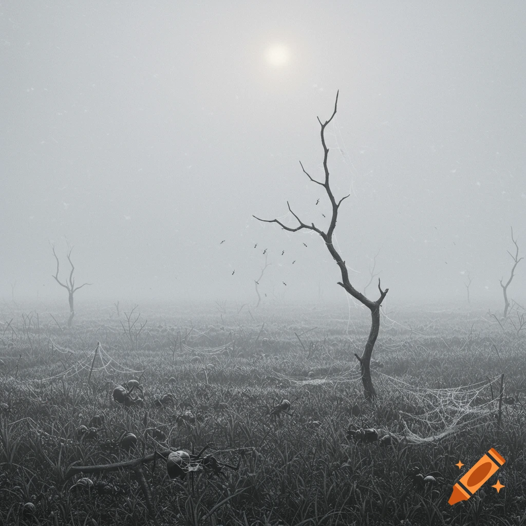 Misty, monochromatic field with bare trees, spiderwebs, and scattered dark forms. A faint sun shines through the fog.