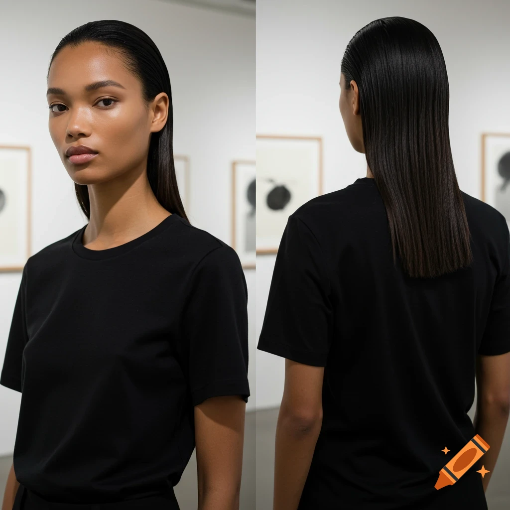 A photorealistic split image of a model wearing a black t-shirt, front view on left, back view on right, in an art gallery.