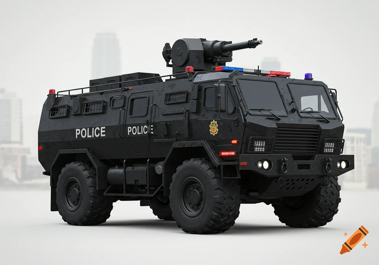 A realistic black armored police vehicle with a mounted cannon, featuring police insignia, against a light gray city background.