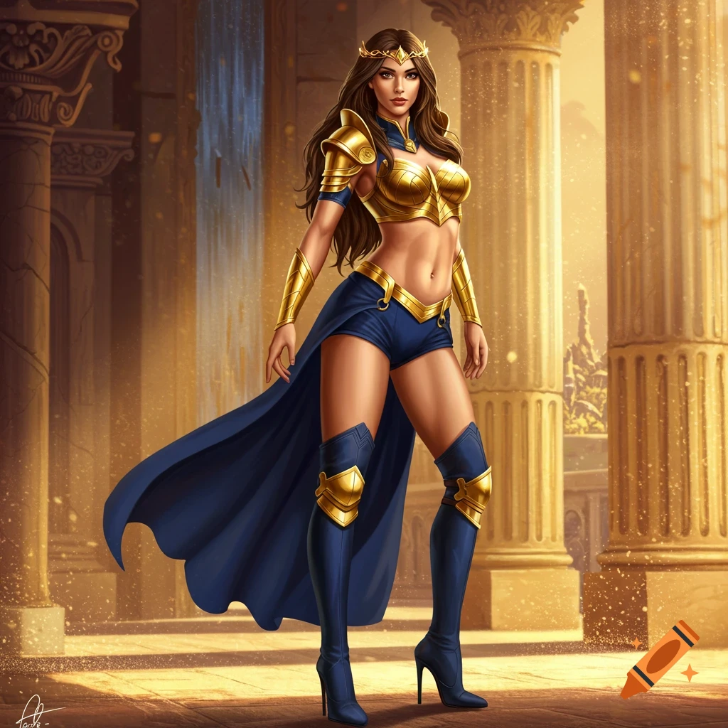 A fantasy warrior woman with long brown hair, wearing gold armor, navy blue shorts, and high boots, stands among ancient pillars.
