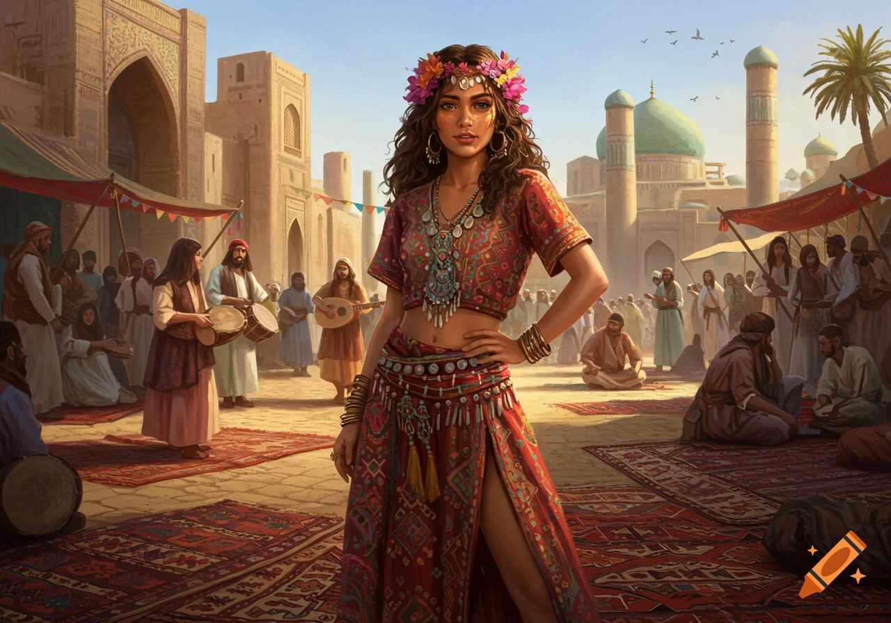 A young woman in vibrant traditional dress with a flower crown stands in a busy Middle Eastern marketplace with musicians and historic architecture.