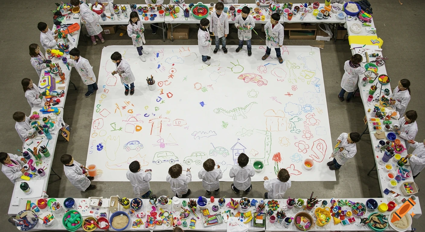 Overhead view of children in white lab coats painting and drawing on a large white canvas surrounded by art supplies on tables.