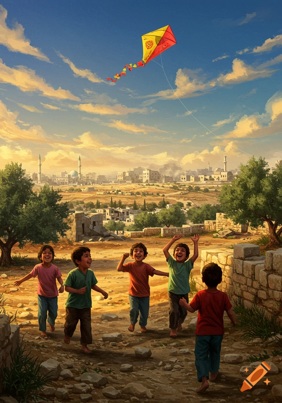 Five smiling children run on a rocky path with a red and yellow kite flying in a blue sky above a distant Middle Eastern village.