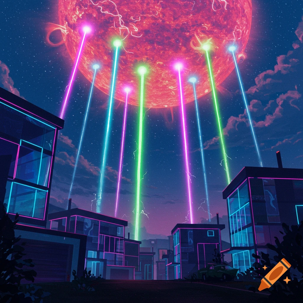 Futuristic houses lit by vibrant neon light rays from a giant red sun in a surreal night sky.