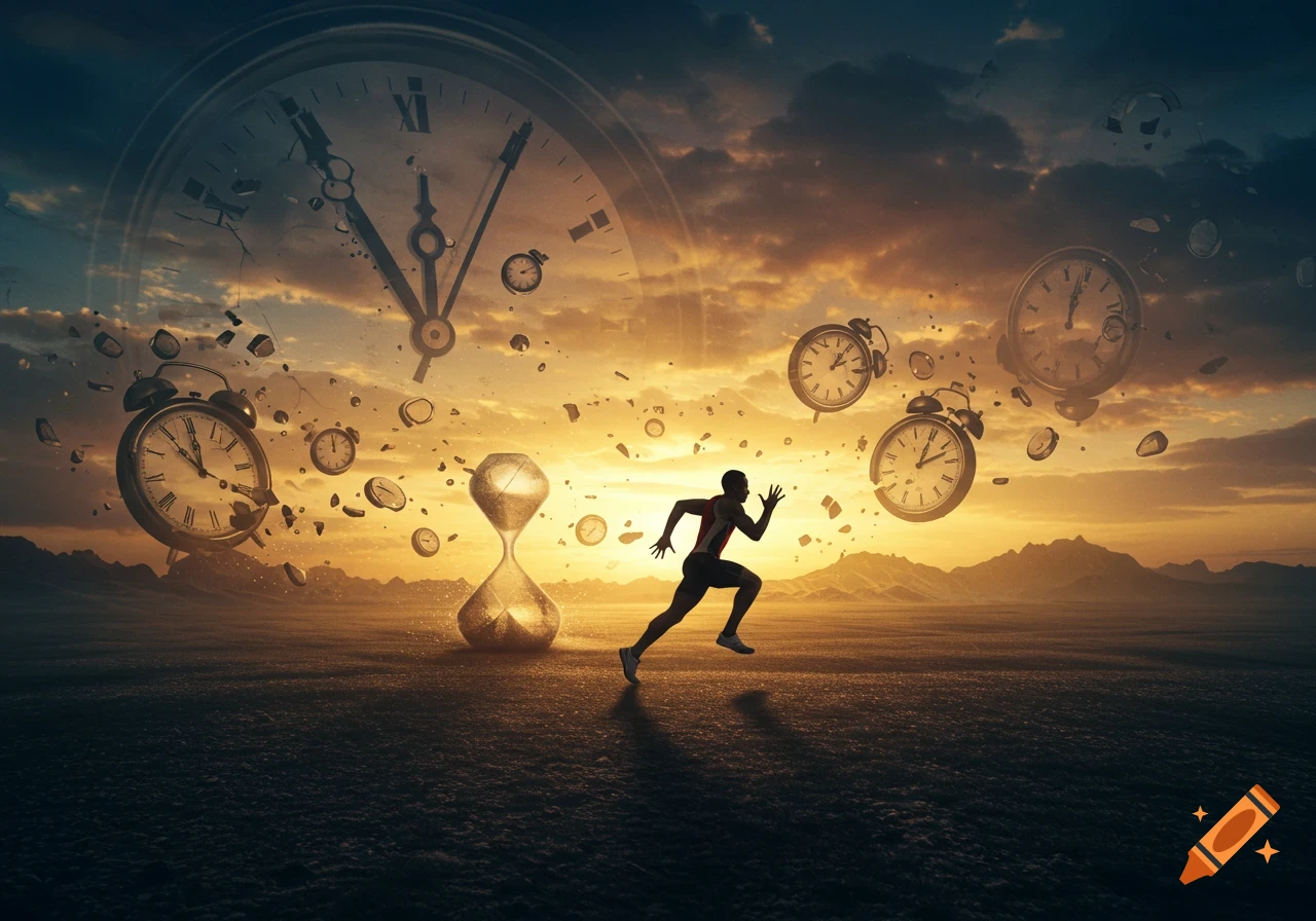 A silhouette of a runner races across a desert landscape as clocks, an hourglass, and fragments of time shatter and scatter under a dramatic sunset sky.