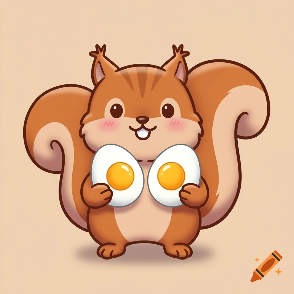 A cute, stylized cartoon squirrel holds two boiled eggs.