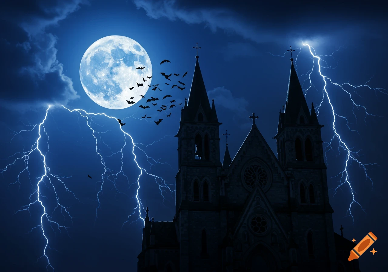 A dark gothic church silhouetted against a stormy blue night sky with a full moon, bats flying, and bright lightning.