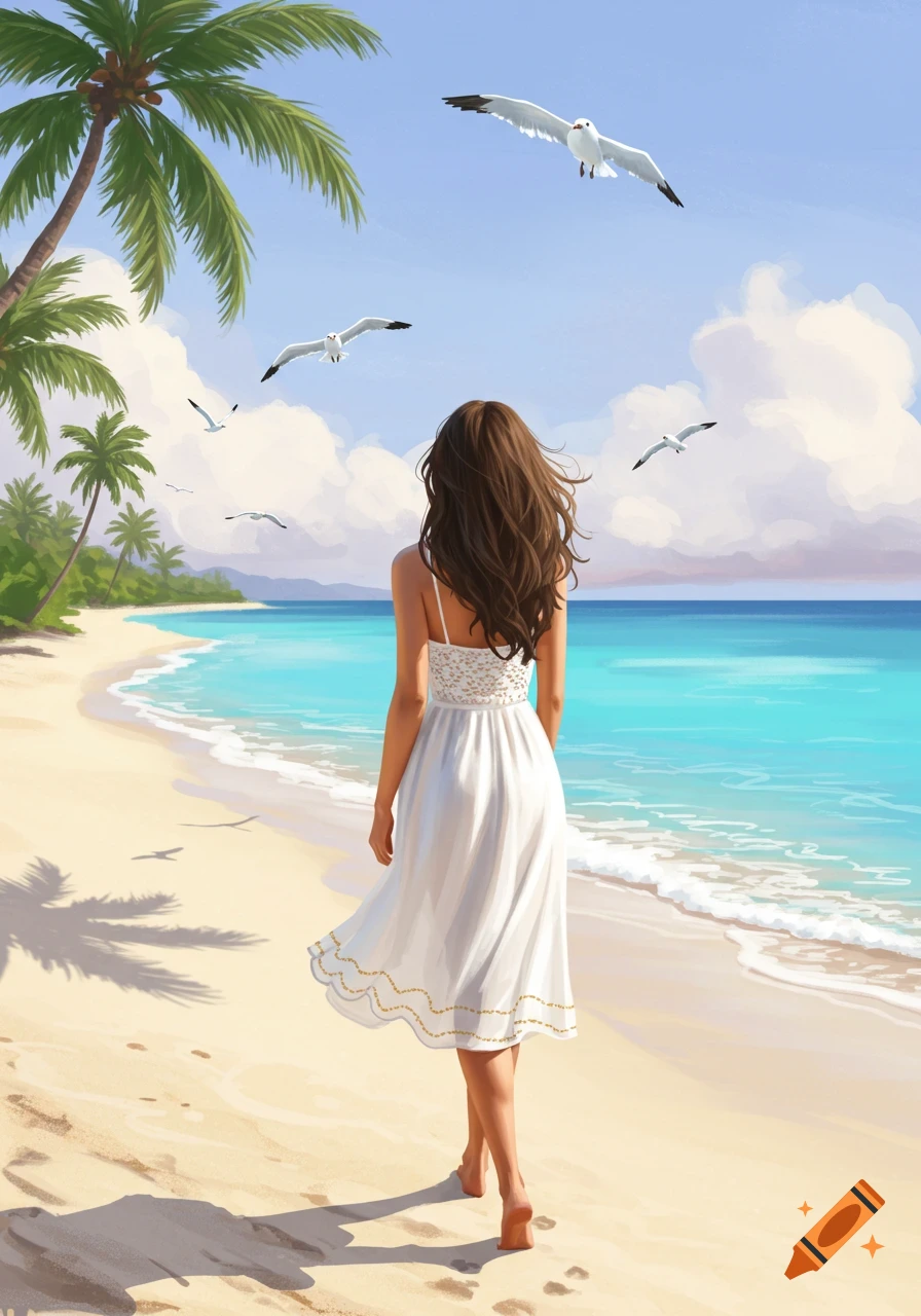Illustration of a woman in a white dress walking barefoot on a sunny tropical beach with palm trees and seagulls flying overhead.