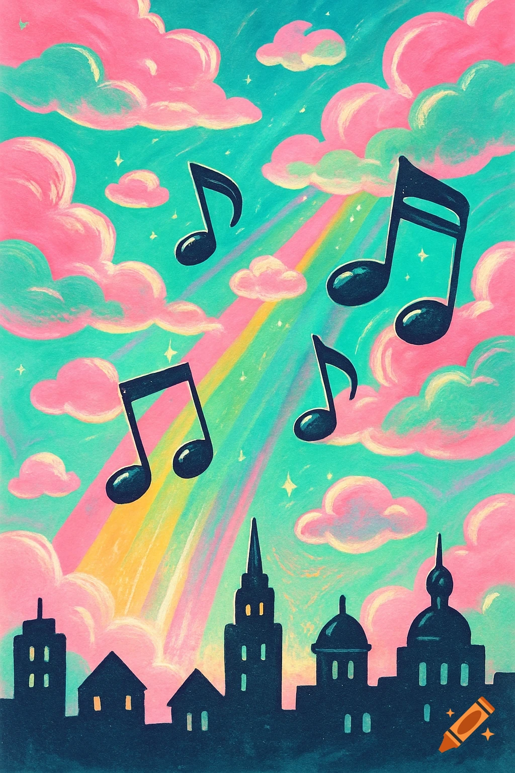 Whimsical illustration of black musical notes floating in a pink and teal sky with a rainbow over a dark city skyline.