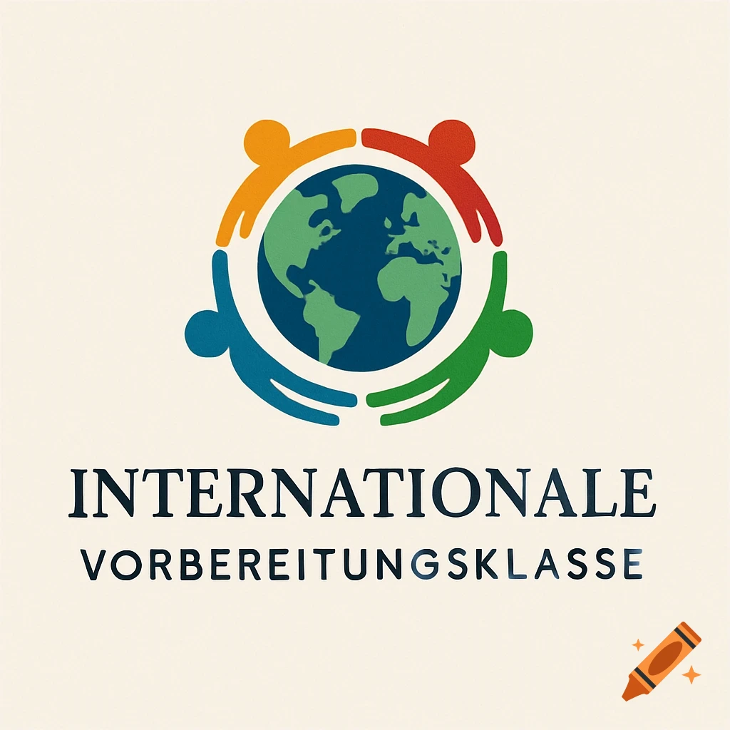 Logo of a blue and green globe surrounded by four colorful human figures, with text 'INTERNATIONALE VORBEREITUNGSKLASSE'.