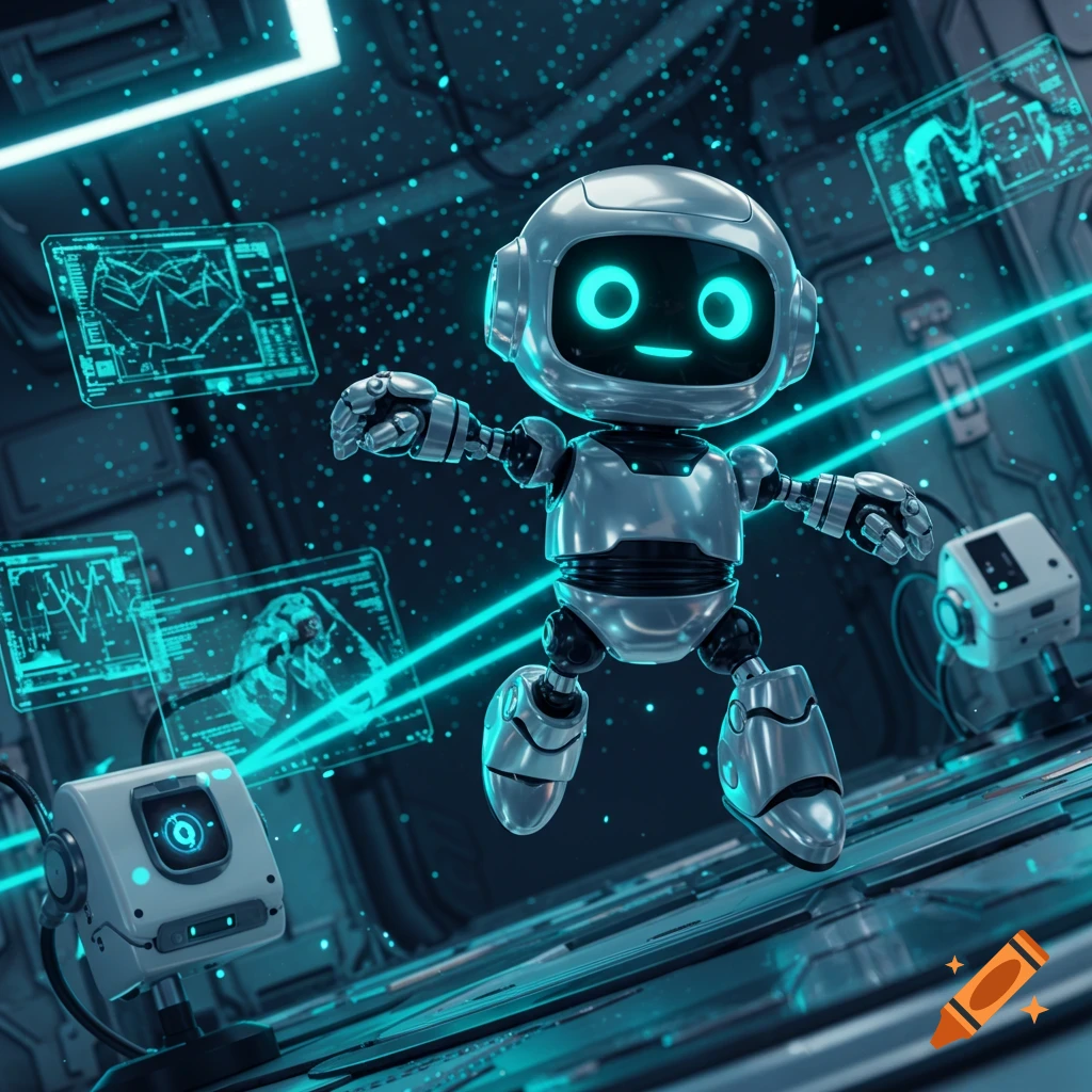 A shiny metallic robot with glowing blue eyes floats in a futuristic tech environment with data screens and neon lights.