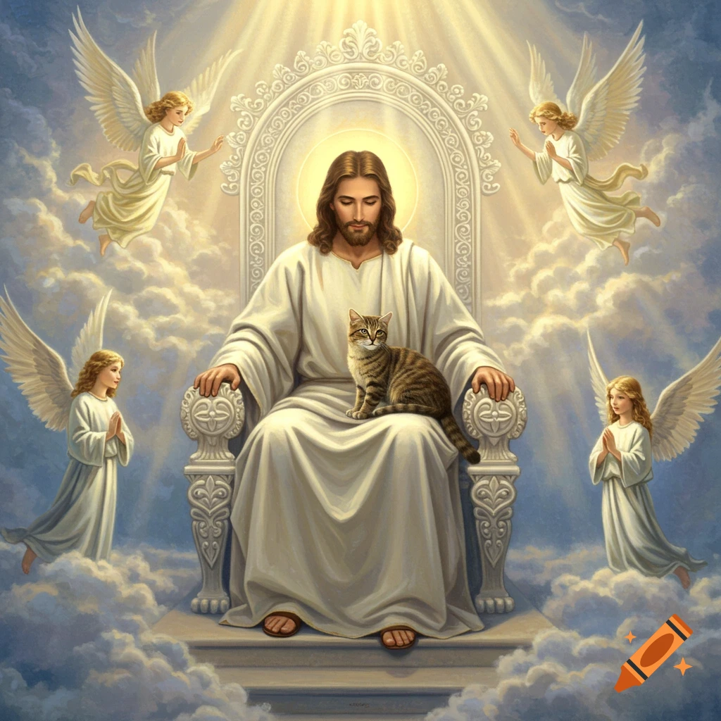 Jesus on a throne with a tabby cat, surrounded by angels in heaven, depicted in a detailed religious painting.