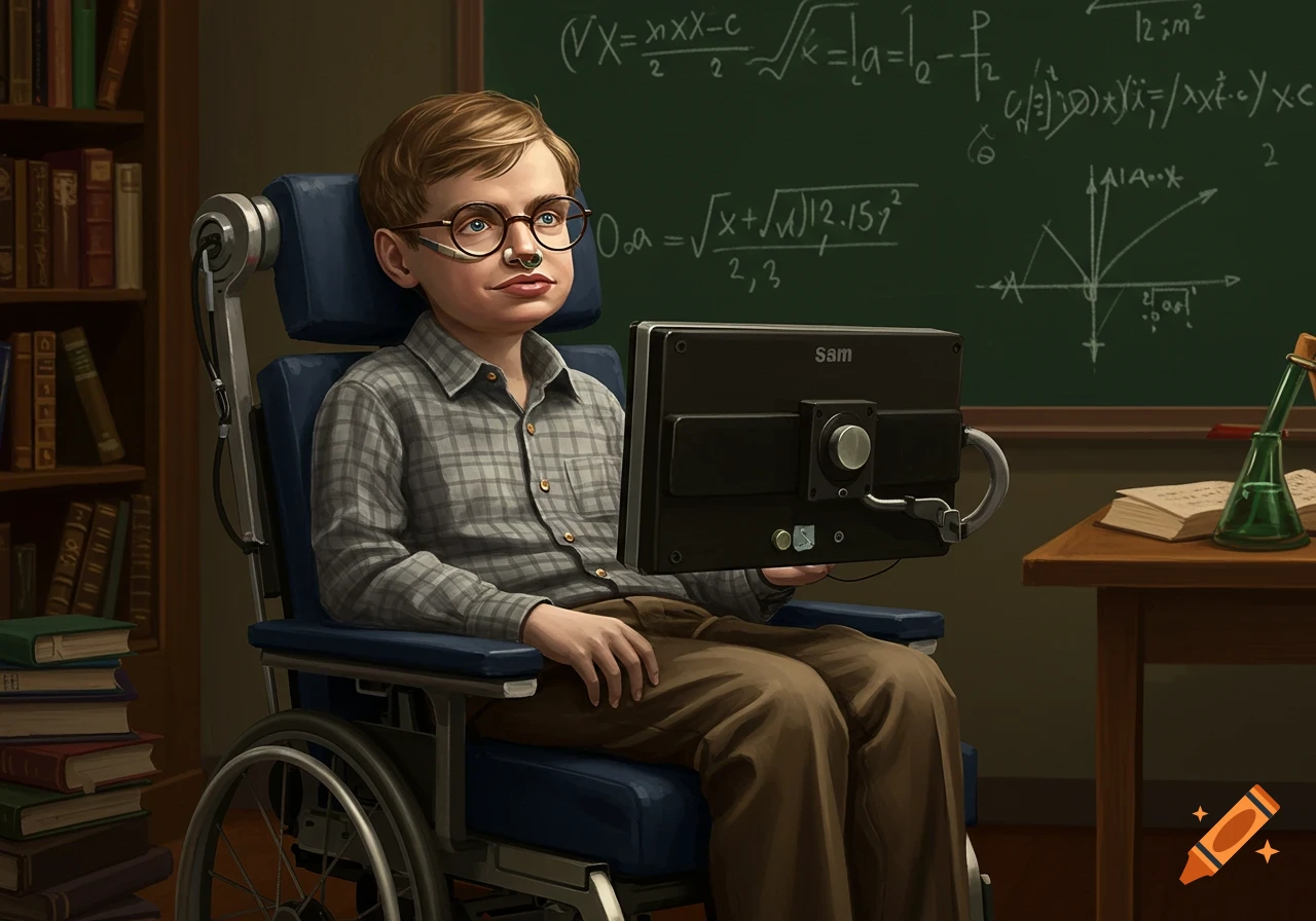 An illustrated portrait of a young boy resembling Stephen Hawking in a wheelchair, with glasses, a nose tube, and a plaid shirt. He is in a classroom with a blackboard and bookshelves.