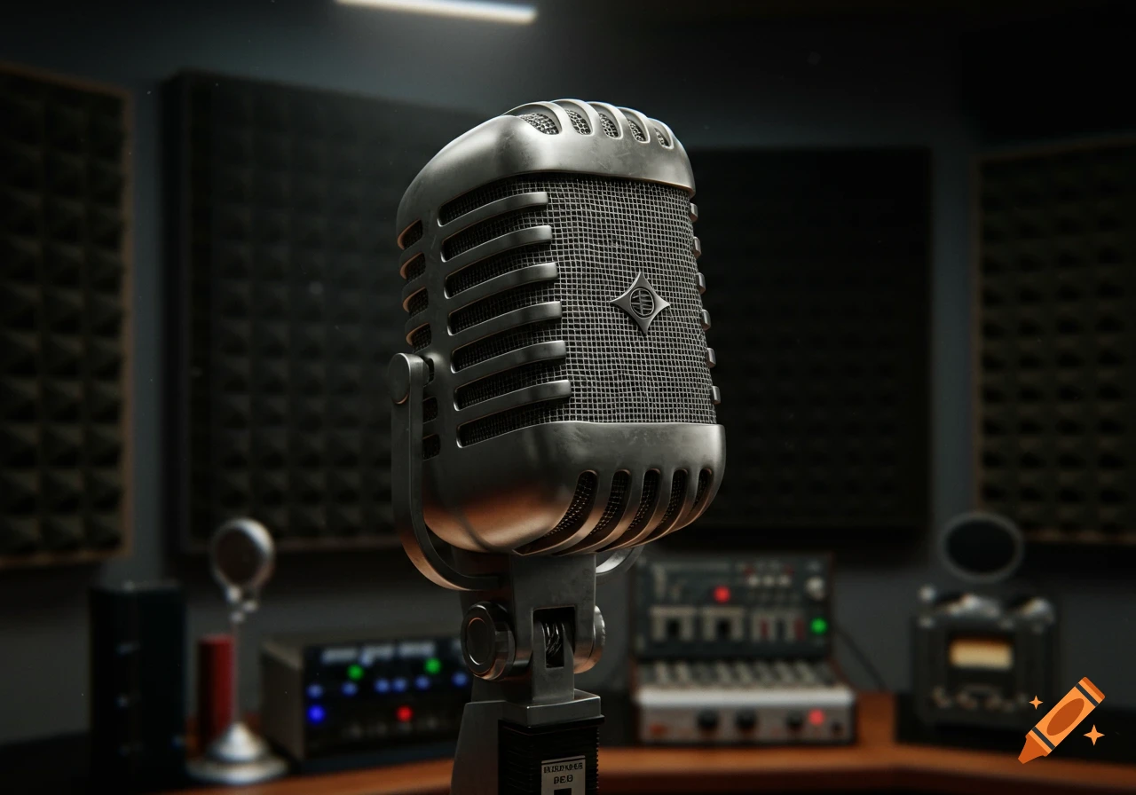 A vintage silver microphone stands in a recording studio, with acoustic foam panels and audio equipment in the blurred background. Photorealistic style.