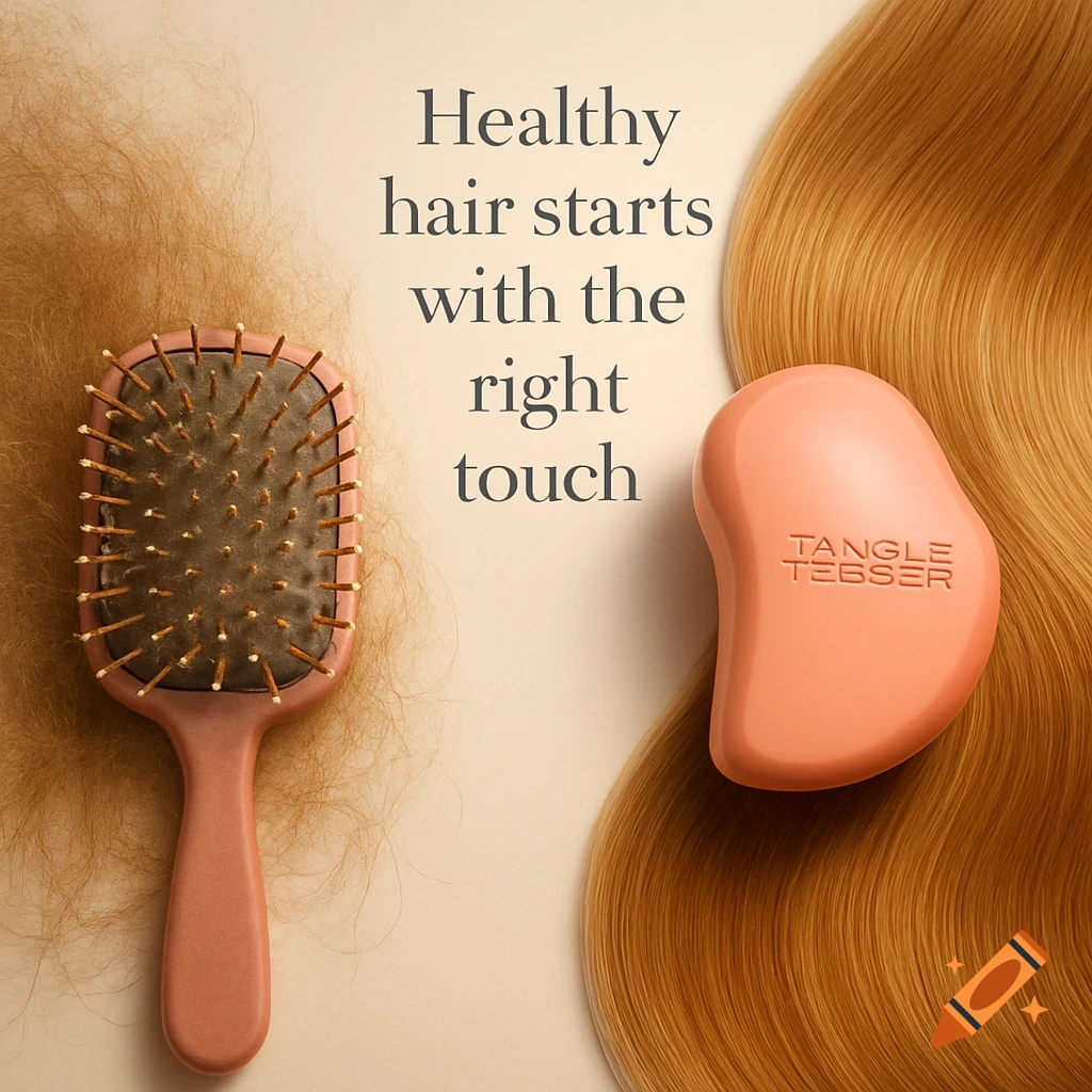 Two hairbrushes, one with messy hair, the other an orange Tangle Teezer with smooth hair. Slogan: 'Healthy hair starts with the right touch'.
