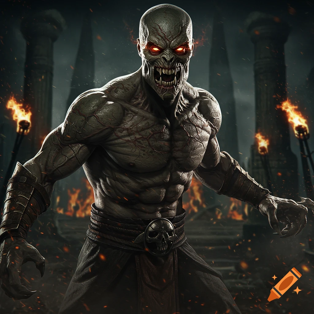 A muscular, zombie-like monster with glowing red eyes, sharp teeth, and exposed veins, stands amidst fiery ruins.
