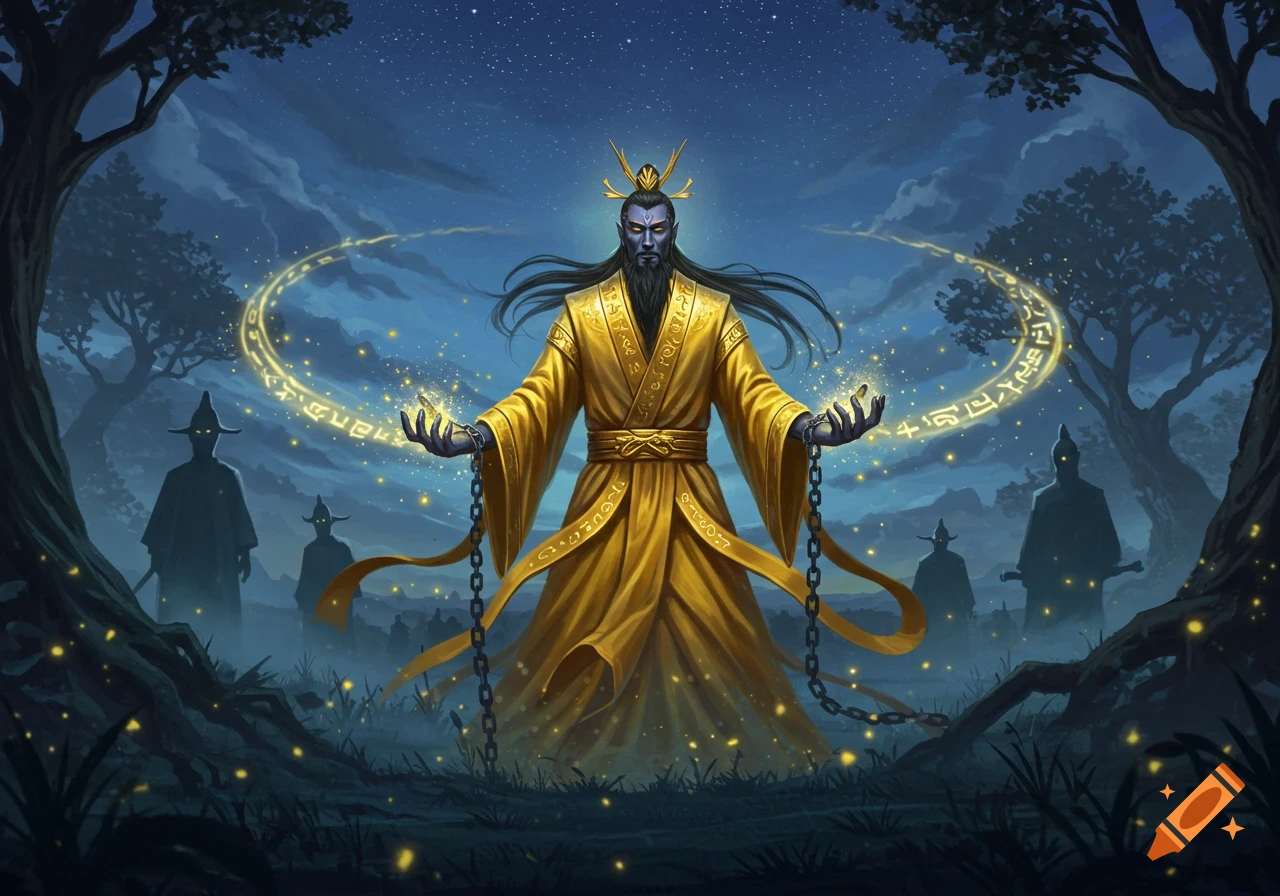 A bearded man in a golden robe, chains on wrists, stands in a mystical forest under a starry sky, surrounded by a glowing magic ring.