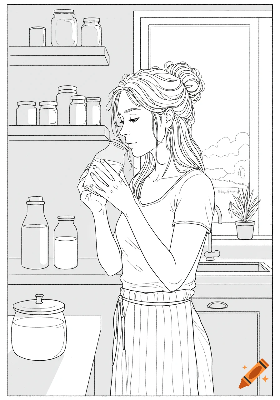 Line art drawing of a woman in a kitchen holding a jar and smelling its contents.