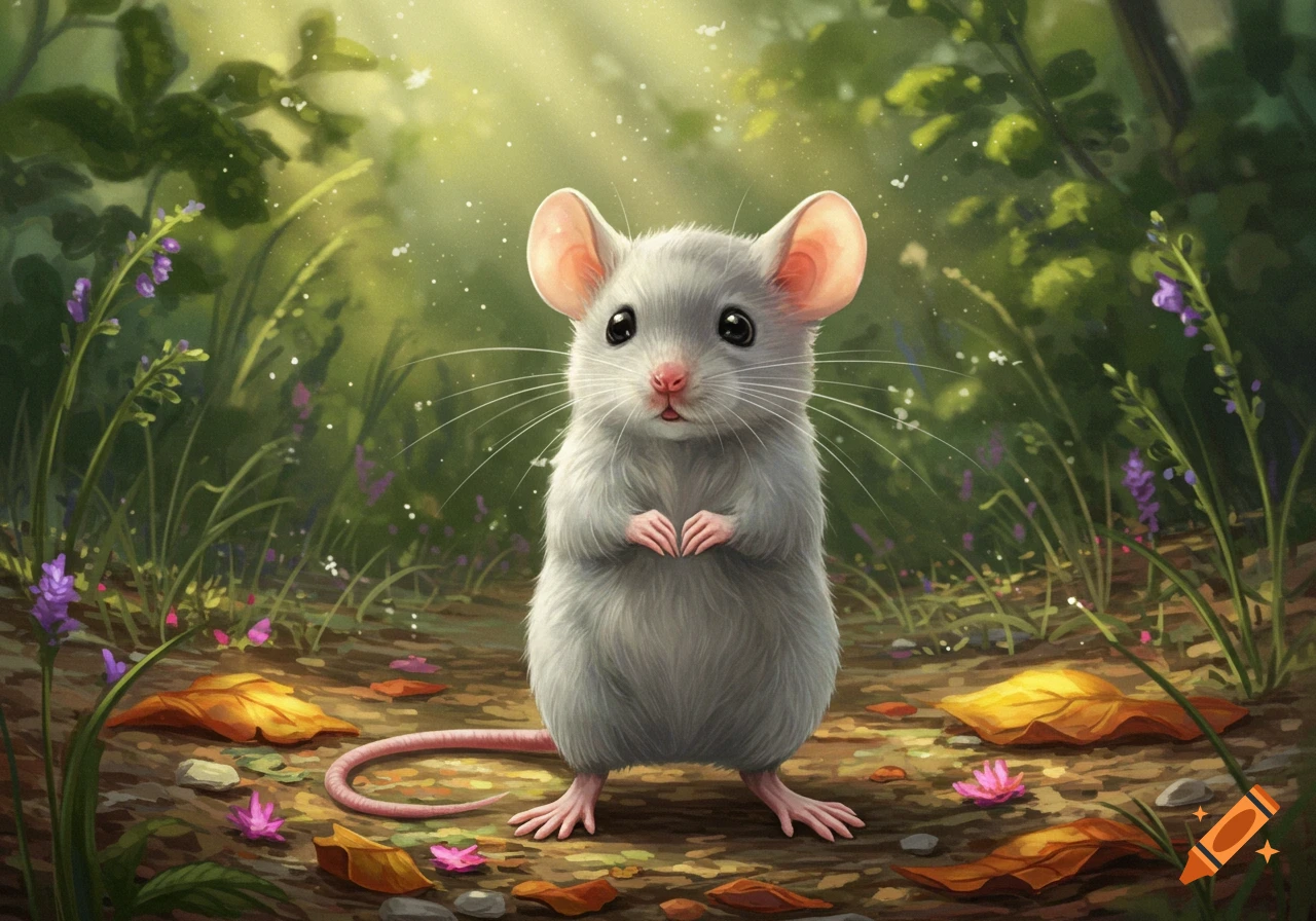 A cute gray mouse stands on hind legs, hands clasped, in a magical, sun-dappled forest with purple flowers and leaves.