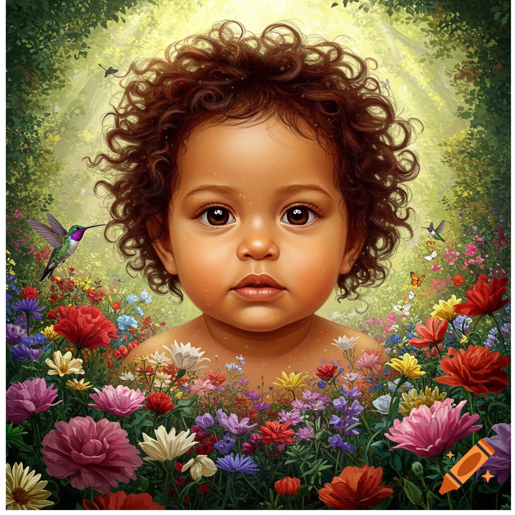 Close-up of a baby with curly hair and big brown eyes, peeking out from a vibrant field of colorful flowers in a lush garden with a hummingbird and butterflies.