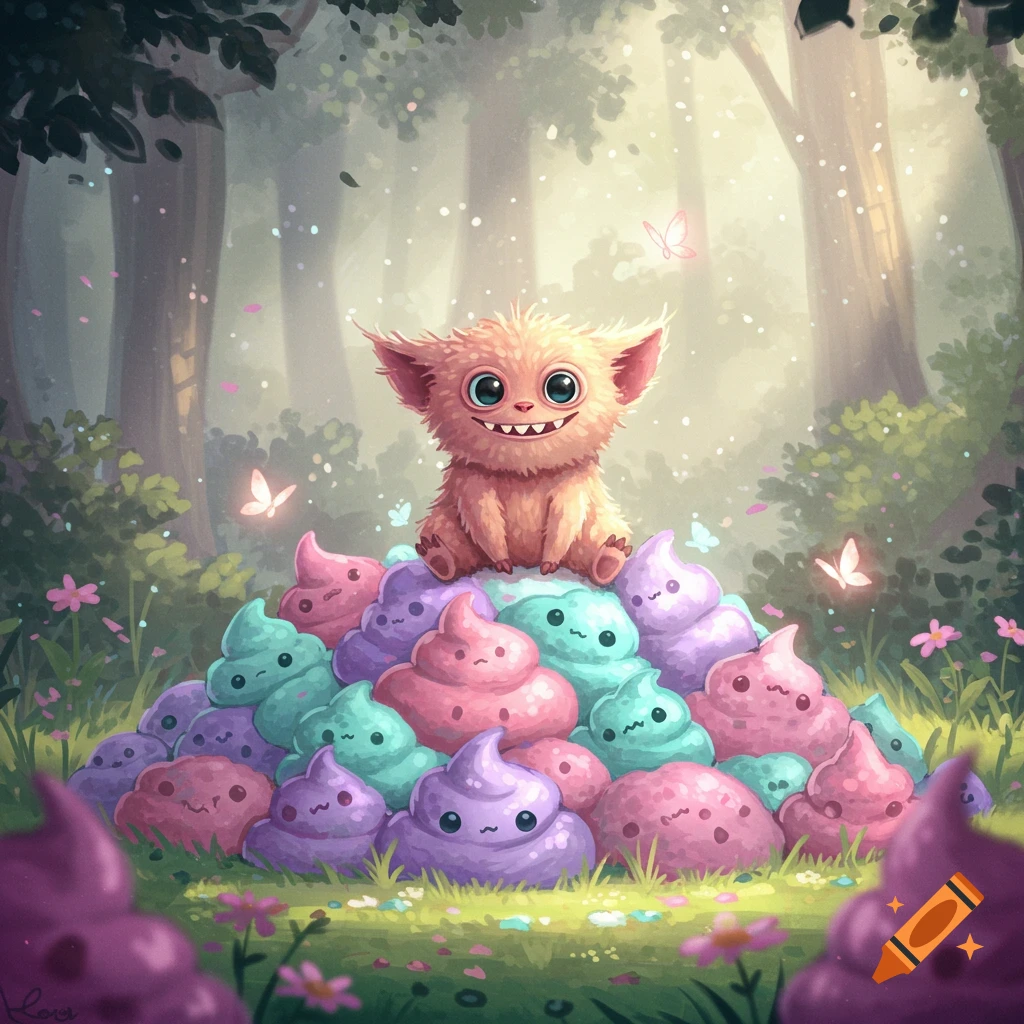 A cute orange furry creature sits atop a pile of colorful, smiling poop characters in a magical forest with butterflies, digital art.