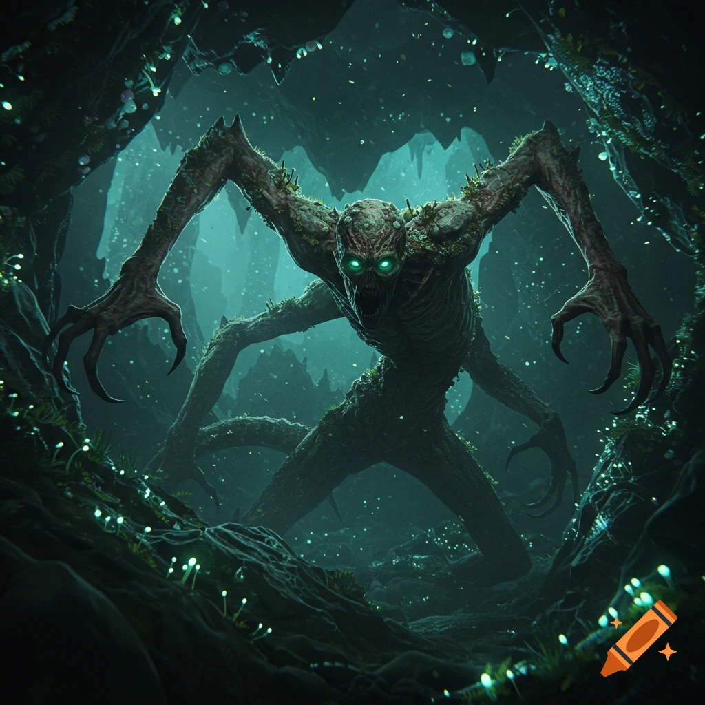 A grotesque, vine-covered monster with glowing green eyes emerges from a dark, bioluminescent cave.