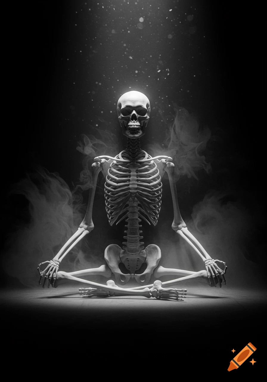 A black and white image of a skeleton meditating in a lotus position, lit from above against a dark, smoky background.