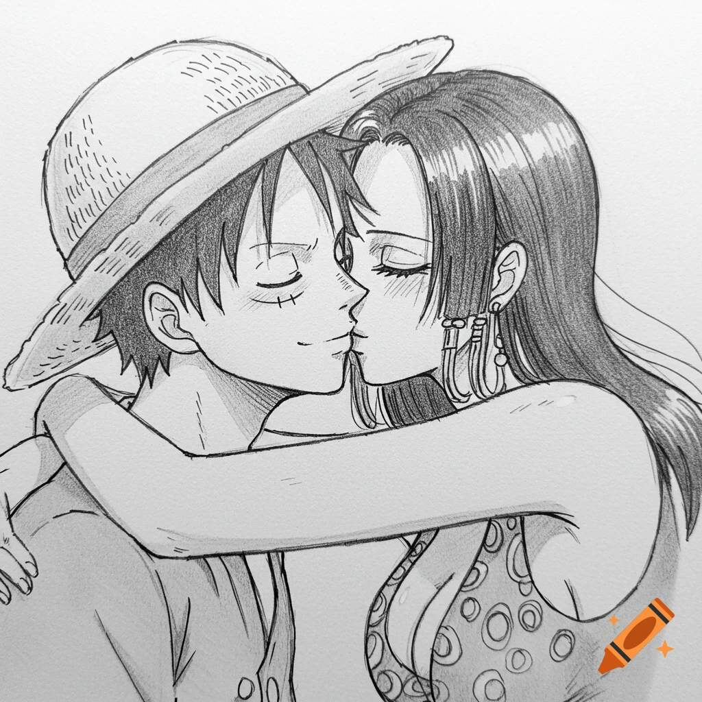 Pencil sketch of anime characters Luffy and Hancock from One Piece sharing a sweet kiss, close-up.