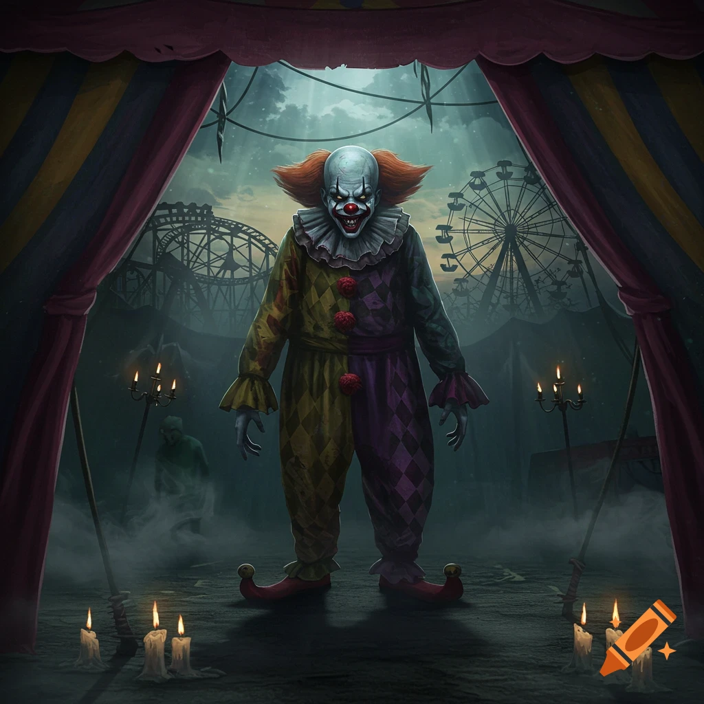A terrifying clown with a painted white face and orange hair stands in a dark, misty carnival tent with a Ferris wheel and roller coaster in the background.