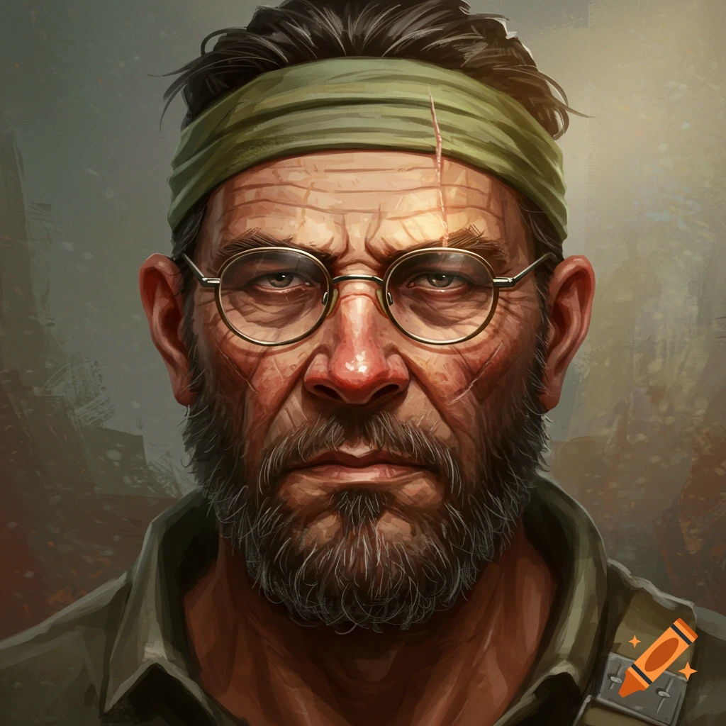 Close-up digital art portrait of a rugged man with a beard, round glasses, a green headband, and facial scars.