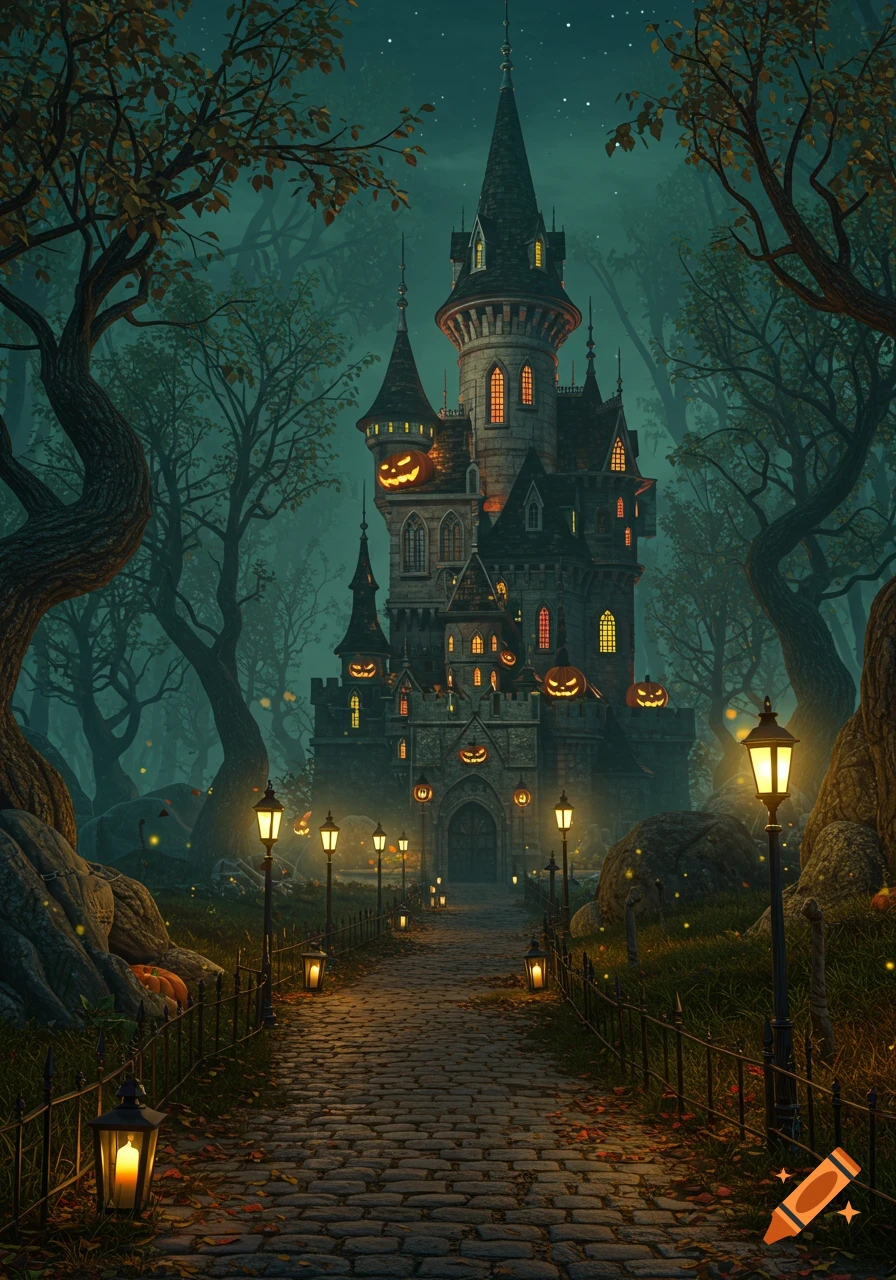 A spooky Halloween castle in a dark, misty forest. A cobblestone path with glowing lanterns leads to the castle, lit with jack-o'-lanterns.
