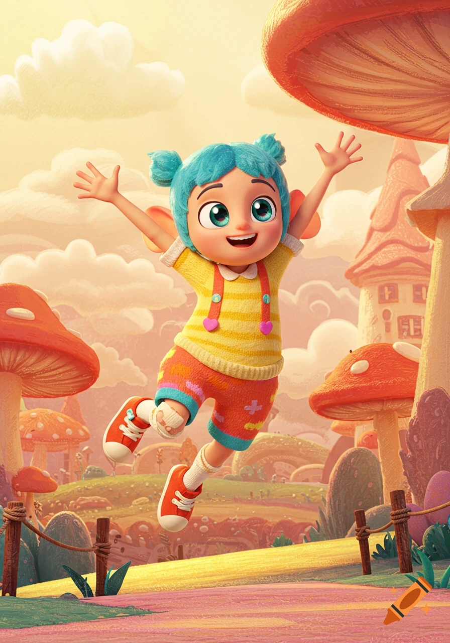 A happy cartoon character with blue hair and fairy wings jumps in a whimsical mushroom forest.