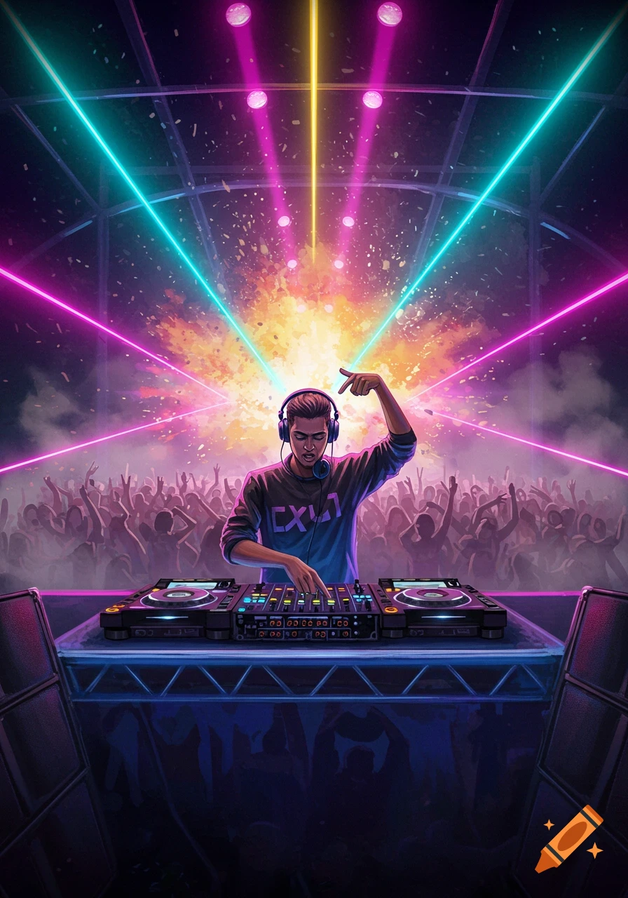 A vibrant digital art illustration of a DJ with headphones, pointing to the crowd, illuminated by neon lights and an explosion of color, with a large crowd in the background.
