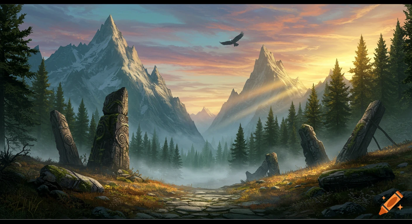 A fantasy landscape with jagged mountains, a pine forest, a paved path, ancient carved stone monoliths, and an eagle flying at sunset.