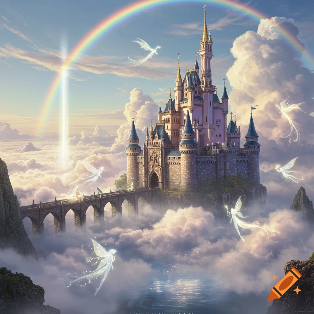 A majestic fantasy castle sits atop clouds, connected by a bridge, under a vibrant rainbow. Glowing fairies and creatures fly around.